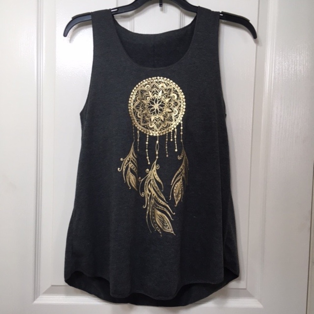 NWOT, Women Sleeveless Tank Top,100% Polyester, Grey, “Dream Catcher” silkscreen